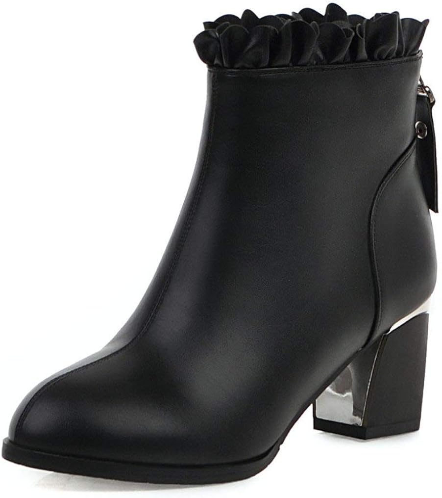 Women's Black Ankle Boots High Heel Zipper Bootie Ruffles Fashion Platform Ladies