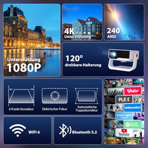 Wielio Upgrade Smart Projector, Integrated App, Supports 4K, WiFi & BT Project, 120° Adjustable Stand, Vertical Keystone Correction and Electronic Focus Home Cinema Projector for Mobile Phone/PC