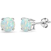 Opal Earrings for Women Sterling Silver Round-Cut Solitaire Synthetic Studs for Bridesmaids, Prom
