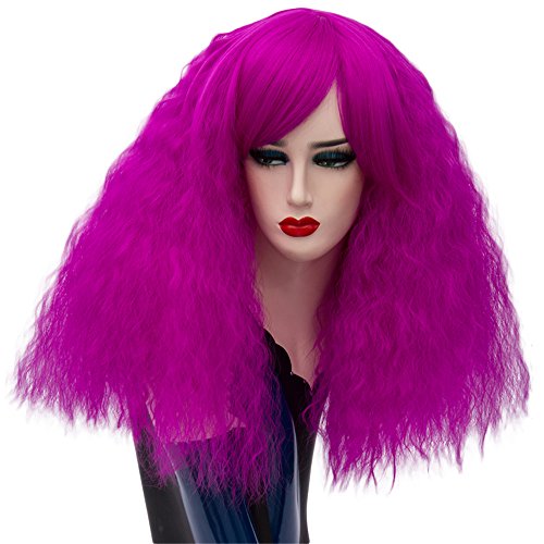 ELIM Short Fluffy Cosplay Wigs Dark Purple Curly Wigs Halloween Costume Wigs Synthetic Hair Oblique Bangs for Women with Wig Cap Z079E
