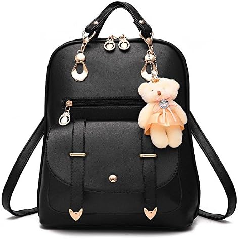 Black Backpack Women DoubleRoot Zipper With Bear Arcuate Shoulder Strap Belt Decoration Fashion Bags