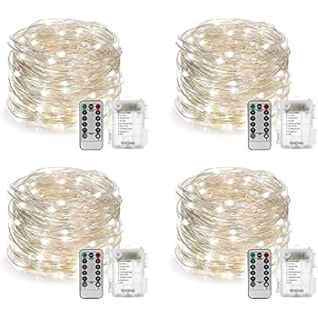YIHONG 4 Set Fairy Lights Battery Operated Christmas String Lights with Remote Timer for 8 Modes Twinkle Lights 16.4 feet 50 LED Firefly Lights -White