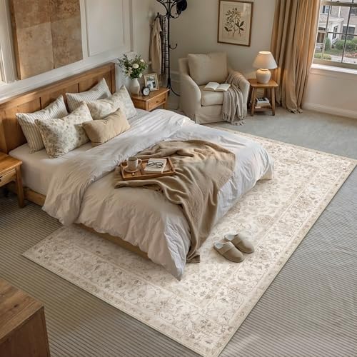 PureCozy Vintage Rugs Living Room 200x300cm Beige Area Rug Machine Washable Non Slip Kids Bedroom Large Carpet Bedside Nursery Lounge Office Playroom Low Pile Carpets