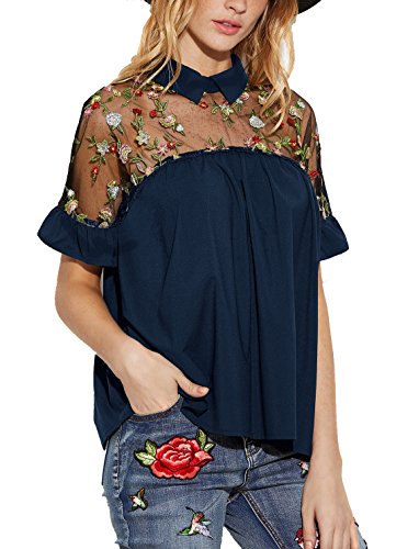 SheIn Women s Cute Embroidered Sheer Neck Ruffle Cuff Collared Blouse Medium Navy