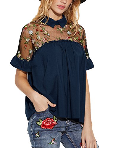 SheIn Women's Cute Embroidered Sheer Neck Ruffle Cuff Collared Blouse Small Navy