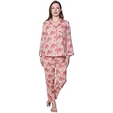 LA CERA Women’s 3/4 Sleeve Printed Cotton Pajama Set, Floral V-Neck Top with Piping Detail & Front Pocket, 100% Cotton