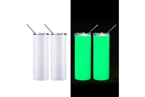 PYD Life Sublimation Blanks Luminous Skinny Tumbler 20 OZ Straight Tumbler with Straw Glow in the Dark White to Green,Sublimation Mugs Bottles Cups 4 Pack
