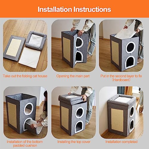 Foldable Cat House 2-in-1 Large Cats Cave Kitten Bed with Cube Cat Scratching Pad Collapsible Pet Hideaway Playground Kitten Tunnel Sleeping Cot Condo Furniture Baby Cat Stool Play Center(Grey)