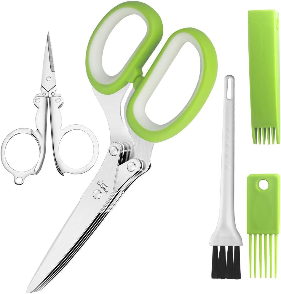 Premium MultiPurpose Herb Scissors with 5 Stainless Steel Blades. Kitchen Shear Mincer Set with Cleaning comb Safe Cover,Ideal Garden Kitchen Gadgets for Shredding Paper Food Salad Herb