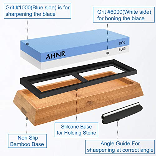 Whetstone Knife Sharpening Stone 2 Side 1000/6000 Grit Whetstone Sharpener Includes NonSlip Bamboo Base, Angle Guide, Polishing Tool for Kitchen, Hunting and Pocket Knives or Blades by AHNR