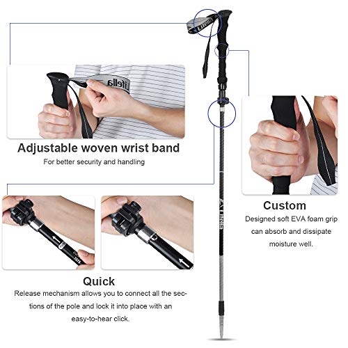 Lifella Collapsible Trekking Poles, 2 Pack Lightweight Adjustable Shock-Absorbent Walking Sticks with Terrain Accessories & Carry Bags for Mountain Hiking, Camping, Backpacking