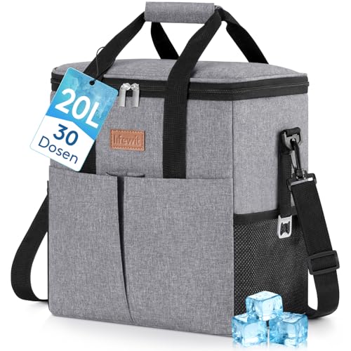 Kühltasche 20L, Kühlung Thermoisoliert Tragbar Faltbar Wasserdicht, Groß Picknicktasche für Einkaufen, Büro, Camping, Outdoor Reisen, Lebensmittel Transport, Familie Grillen, Grau