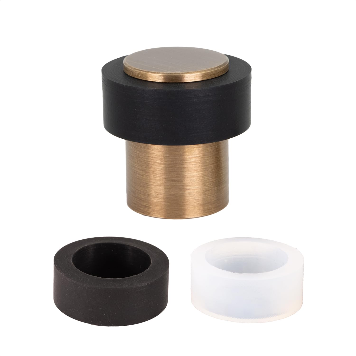 Door Stop | 24 x 35 mm | Black and White Rubber | Stainless Steel or Brass | Threaded Base | Includes Screw + Fastening Plug | Mod. I-29124x35 EVI Hardware (Antique Brass, 24mm x 35mm)
