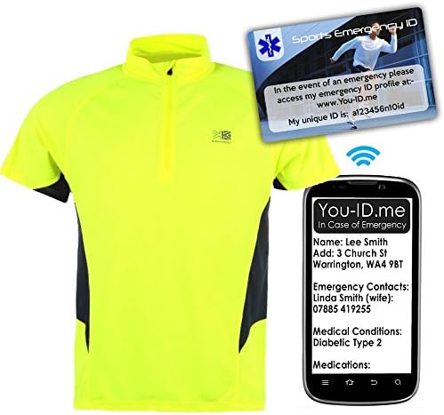 Mens Hi Viz Fluorescent Safety Yellow Run Top Reflective Quarter Zip Short Sleeve Bright Highly Visible Sweat Moisture Wick Polyester Fabric Contrasting and Vented. Suitable for Running Cycling All Sports FREE Sports Emergency ID Card worth £20 with this item (Yellow, M (36-38))