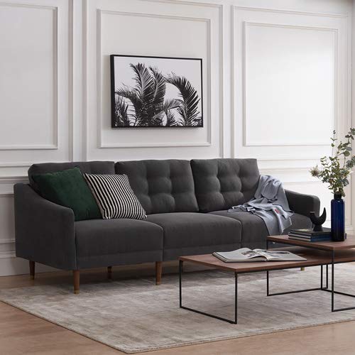 Mopio Savannah Futon Sofa Mid-Century Modern Couch, Fabric Upholstered Sofa with Tufted Back and Tapered Gold Caps Legs, 81.5" W, 3 Seater Sofa Suit for Living Room, Dark Gray