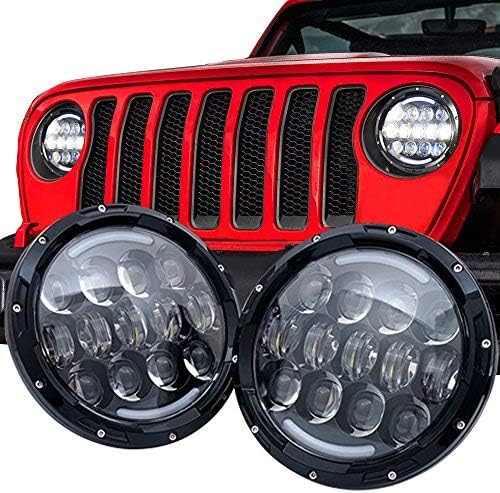 105W Brightest OSRAM 7'' Inch Round Black Led Headlights with White/amber Turn Signal DRL for Jeep Wrangler JK/TJ and Hummer with H4&amp;H13 Adapter(Black Pair)
