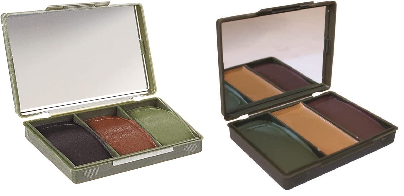 Set of 2 Camouflage Make-Up Camouflage with Mirror Make Up Cream 3 Colours Black Olive Brown/Khaki Olive Brown, NATO Approved Chameleon Camouflage Survival Military Army + Free Lucky Sticker
