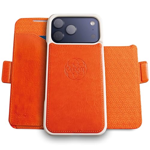 Dreem Lederhülle für iPhone 17 Pro - Revolutionärer Ständer & Kartenfach, Abnehmbare Magnetische Hülle, MagSafe-Ready, RFID-Blocker, Wallet-Case aus V