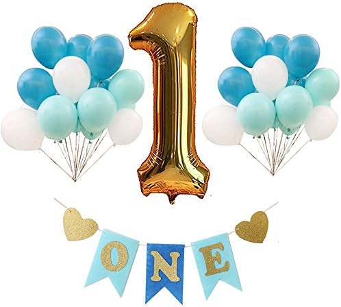 First Happy Birthday Decorations Kit-Party Supplies Kit, ONE Letter Chair Decoration Banner,Golden Number 1 Balloons,3 Color Balloons For Baby Shower Birthday Party(Blue)