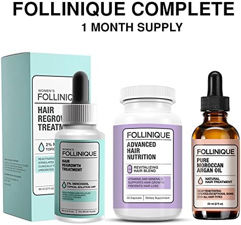 FOLLINIQUE Complete 1 Month Supply -Get ALL 3, Hair ReGROWTH Treatment, 100% Pure Argan Oil & Advanced Hair Nutrition Vitamins and Minerals to stimulate Max growth -Fully FDA Approved 2% Minoxidil