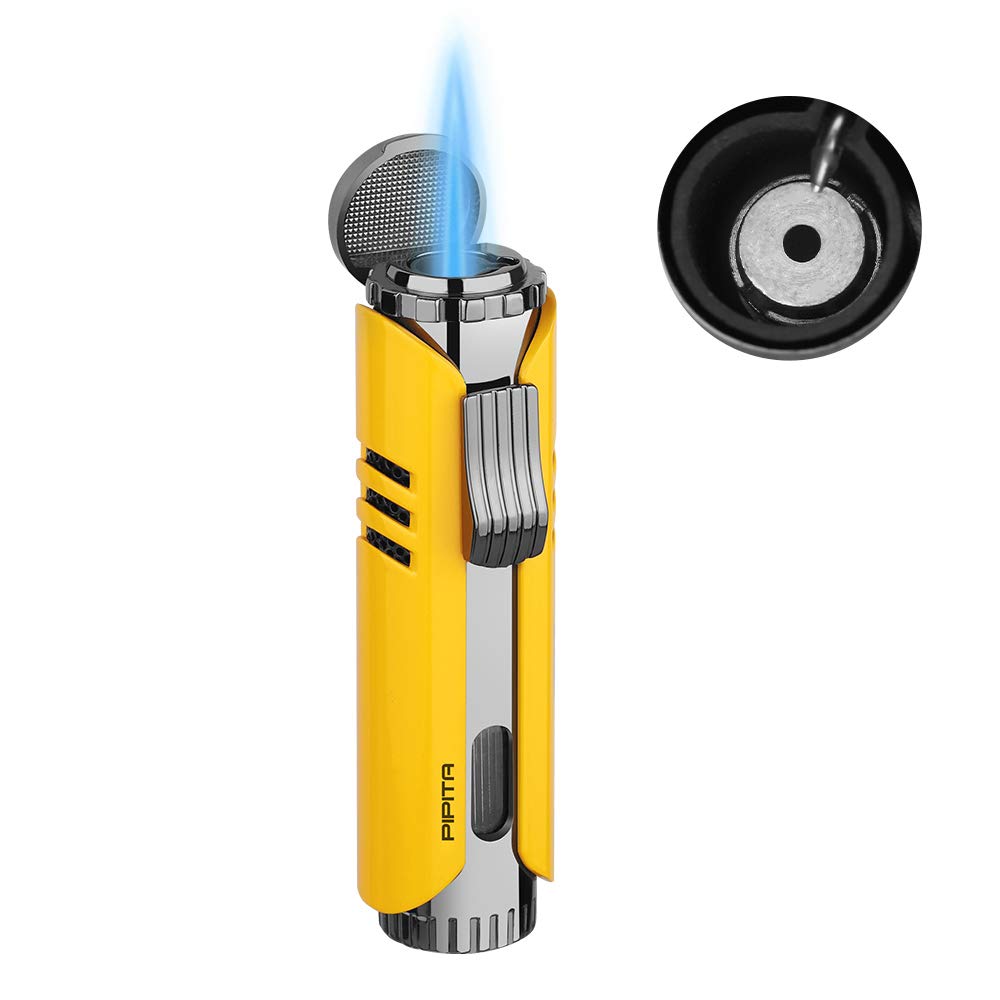PIPITA Torch Lighter Windproof Butane Gas Lighter Jet Single Flame Cigar Lighter, Adjustable Flame and Refillbale Fuel Metal Lighter (Butane Not Included (Yellow)