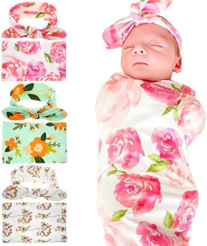 AlJoLife Newborn Baby Flower Swaddle Wrap Blanket with Bow-knot Headband Set Infant Gift(1-3 Pack)