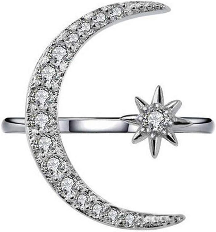 Haluoo Sterling Silver Moon Star Ring, Cubic Zirconia Diamond Cz Moon Star Open Ring Adjustable Wrap Stackable Ring Women's Statement Ring Wedding Gift