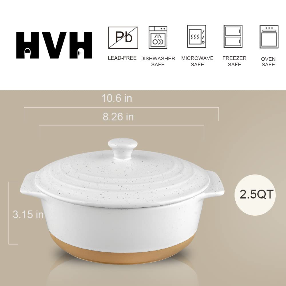 HVH Ceramic Casserole Dish with Lid Oven Safe, 2 Quart Round Casserole Dish Set, 9 Inches Round Baking Dish with Lid Oven Safe, Deep Baking Dishes for Oven with Lids for Party, Farmhouse Style (White)
