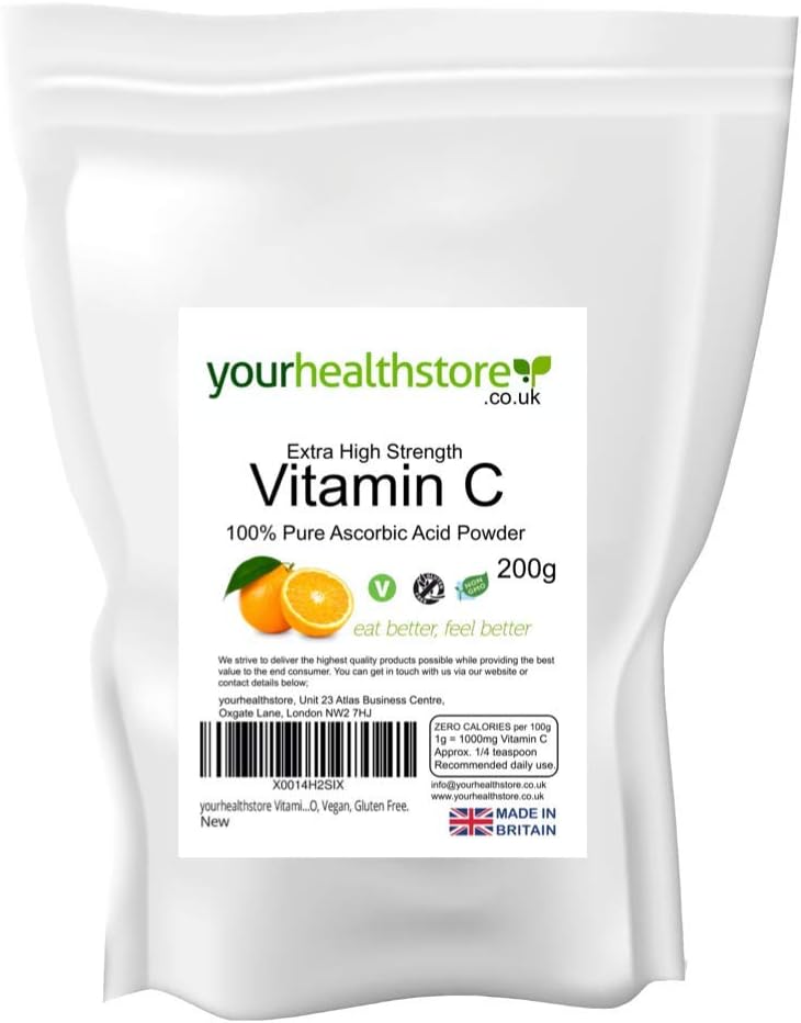 Vitamin C Powder 200g by yourhealthstore, Extra High Strength Ascorbic Acid, 100% Pure British Pharmaceutical Grade, Non-GMO