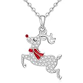Fenthring Christmas Reindeer Necklace for Women Sterling Silver 925 Christmas Pendant Red Reindeer Necklace Silver Christmas Gifts