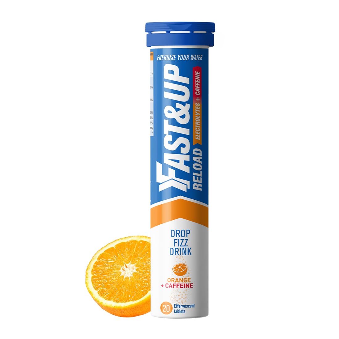 Fast&Up Reload - Energising Electrolyte Drink - Orange + Caffeine Flavour - 20 Effervescent Hydration Tablets - Added Vitamin C & B12 - Vegan