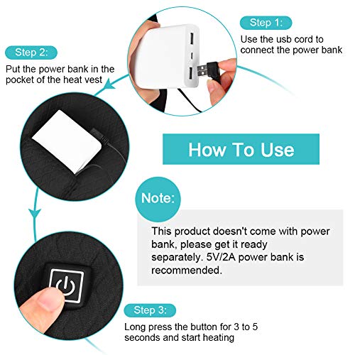 Chaleco Calefactable Lavable, Chaleco Calefactor de Invierno con Línea de Alimentación USB para Hombre y Mujer, Chaleco Térmico Eléctrico para Caza Cámping Excursionismo Esquí, Negro