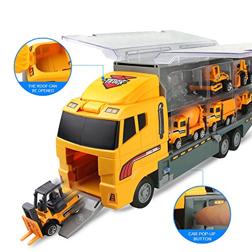 Jenilily Construction Truck Vehicle Container Car Toy Set Trucks Excavator Cement Truck Dumper Bulldozer Forklift Road Roller for Children Kids (7 in 1)