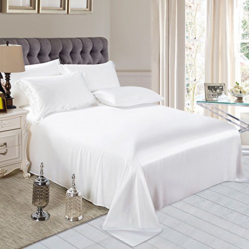 Reliable Bedding 100% Pure Silk Satin Sheet Set 7pcs, Silk Fitted Sheet 15'' Deep Pocket,Silk Flat Sheet,Silk Duvet Cover & Pillowcases Set !!! Cal-King, White