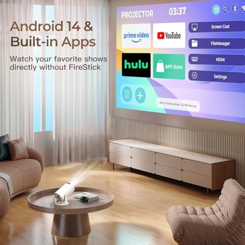 [Built-in Apps & 2026 Upgraded] WEMI Mini Portable Projector Mini Projecteur Portatif with WiFi 6 and Bluetooth 5.4 for Bedroom Smart Movie for iPhone Cell Phone Android OptiBarrel 500