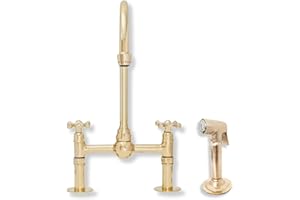 Unlacquered Brass Kitchen Faucet, Solid Brass Bridge Faucet with Cross Handles, Solid Brass Deck Mount Sink Mixer (with Spray