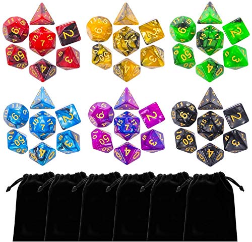 DND Dice, Polyhedral Dice Set with 6 Black Drawstring Pouchs, 6 Complete Dice Sets of D4 D6 D8 D10 D% D12 D20 Compatible with Dungeons and Dragons DND RPG MTG Table Games (42pcs DND Dice)