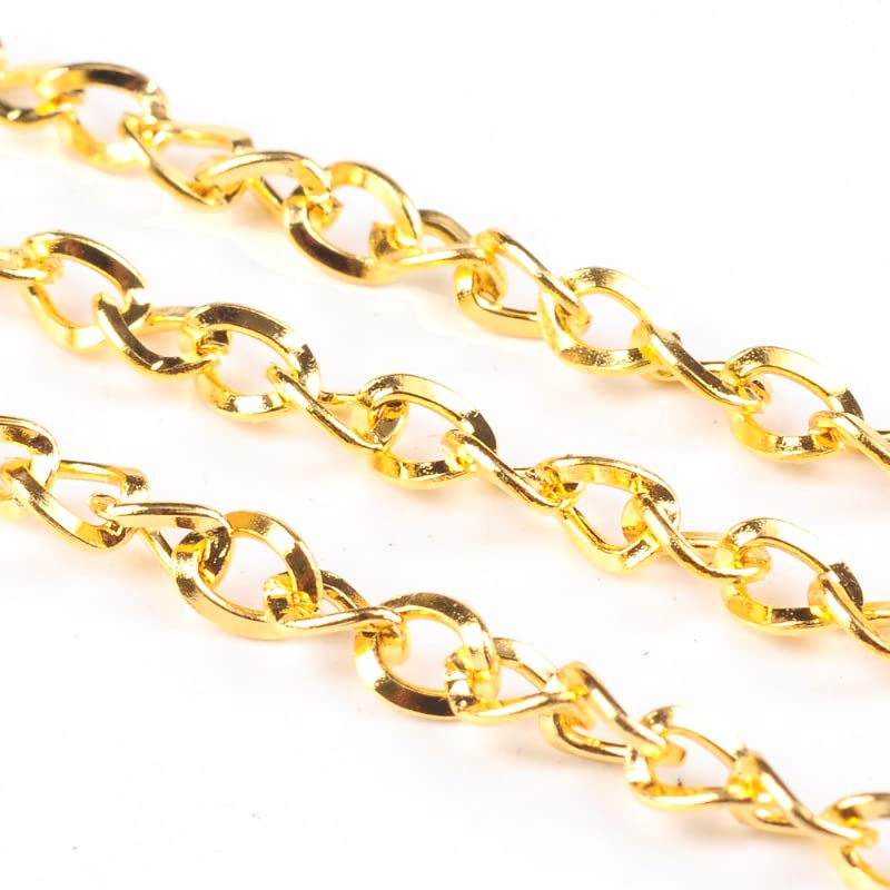 Perlin 3 Metre Link Chain Link Chain, Curb Chain, Metal Chain, Twist Round Ring Chain, 3 x 4 mm, Jewellery Chain Sold by the Metre for Jewellery Making Necklaces Bracelet (Gold)