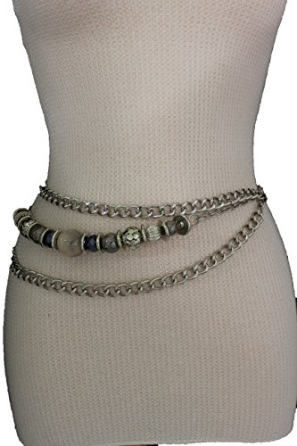 TFJ Women Fashion Belt Side Hip Waist Big Beads Chunky Metal Chain Links Silver S M L