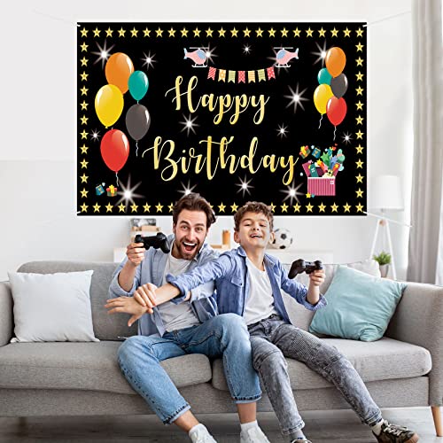 Mokonate Happy Birthday Backdrop Banner Decorations for Kids 6x3.3ft Black and Gold Balloons Star Flag Happy Birthday to You Sign Poster Photo Backdrop Backgroud Children Boys Girls Party Decor