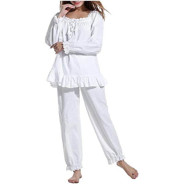 Qikegoods 1OO% Cotton 2 Pieces Victorian Nightgown Set Ladies Long