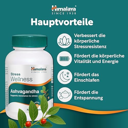 Stress Wellness Ashwagandha Wurzelextrakt 500 mg, 60 Tabletten (30 Tage) – Adaptogenes Nahrungsergänzungsmittel für Stressabbau, Energie und Entspannung. Vegane ayurvedische Formel