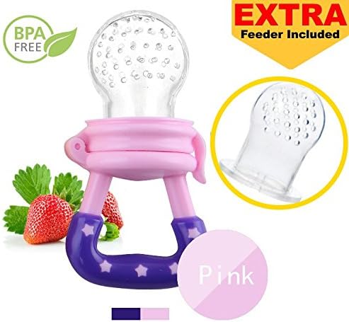 GenialityKids Baby Solid Fresh Food Fruit Feeder Silicone Pacifier and Teether - Teething Pacifier with Feeding Pouch (Pink plus Feeder Replacement)