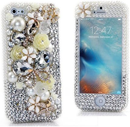 iPhone 6S Plus Bling Case - Fairy Art Luxury 3D Sparkle Series Butterfly Pearl Flowers Crystal Design Front &amp; Back Snap-on Hard Cover with Soft Wallet Purse Red Cloth Pouch - White