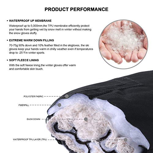 Andake Ski Mittens Gloves Women 90% Down Mittens Cold Weather Waterproof Winter Snow Gloves for Skiing Snowboarding Black L/XL - Thumbnail 3