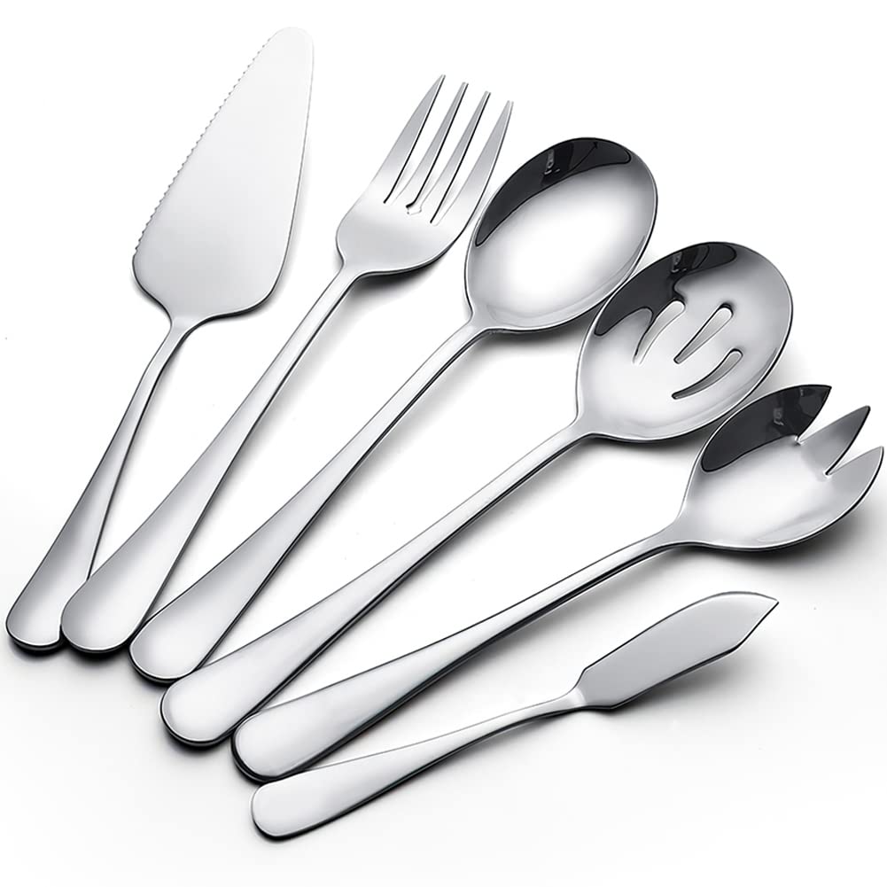 AOOSY 6 Pieces Cutlery Serving Set,Stainless Steel Flatware Serving Spoons Silver Kitchen Cooking Tools Cake Butter Knife Spoon Fork Pack for Home Buffet Party Mirror Finished