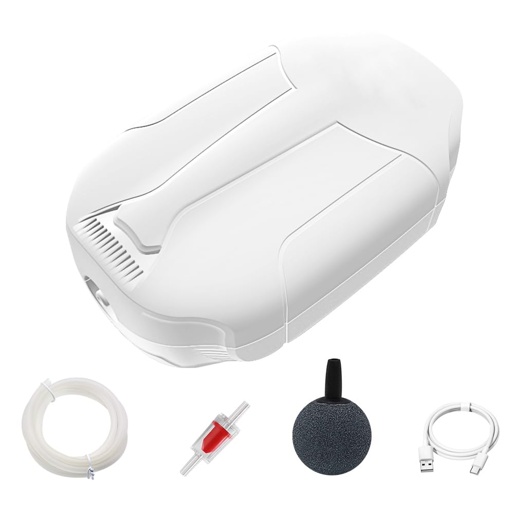 Mini Silent Aquarium Air Pump Waterproof Portable USB plug Type-c charge 5v fish tank air stone (white,1.5W))