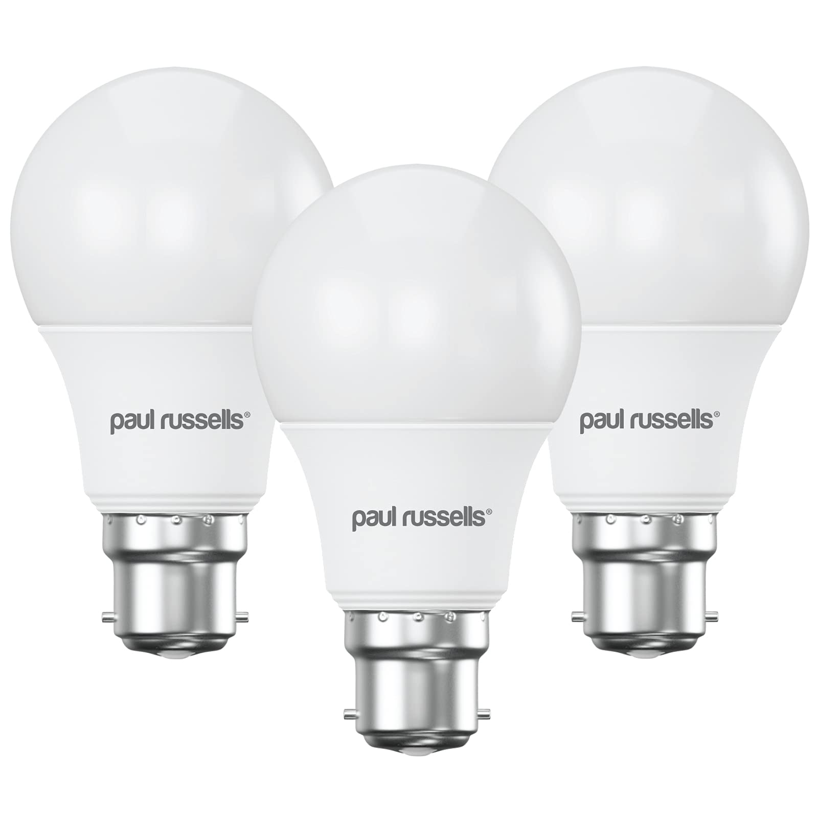 paul russells LED GLS Light Bayonet Cap BC, 60w Equivalent, 8watt 806LM LED Bulbs, 2700K Warm White Lamp, Classic Frosted A60 Standard B22 Energy Saving Non-Dimmable Large Globe Lightbulbs, 3 Pack