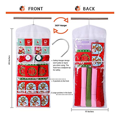 Hanging Gift Bag Organizer Double Sided with 11 Pockets for Tissue Paper, Cards and Gift Tags Includes 1 Bonus Door Hook and 8 Labels