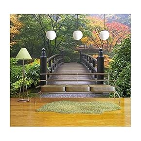 Wooden Bridge at Portland Japanese Garden Oregon in Autumn - Removable Wall Mural | Self-Adhesive Large Wallpaper - 66x96 inches